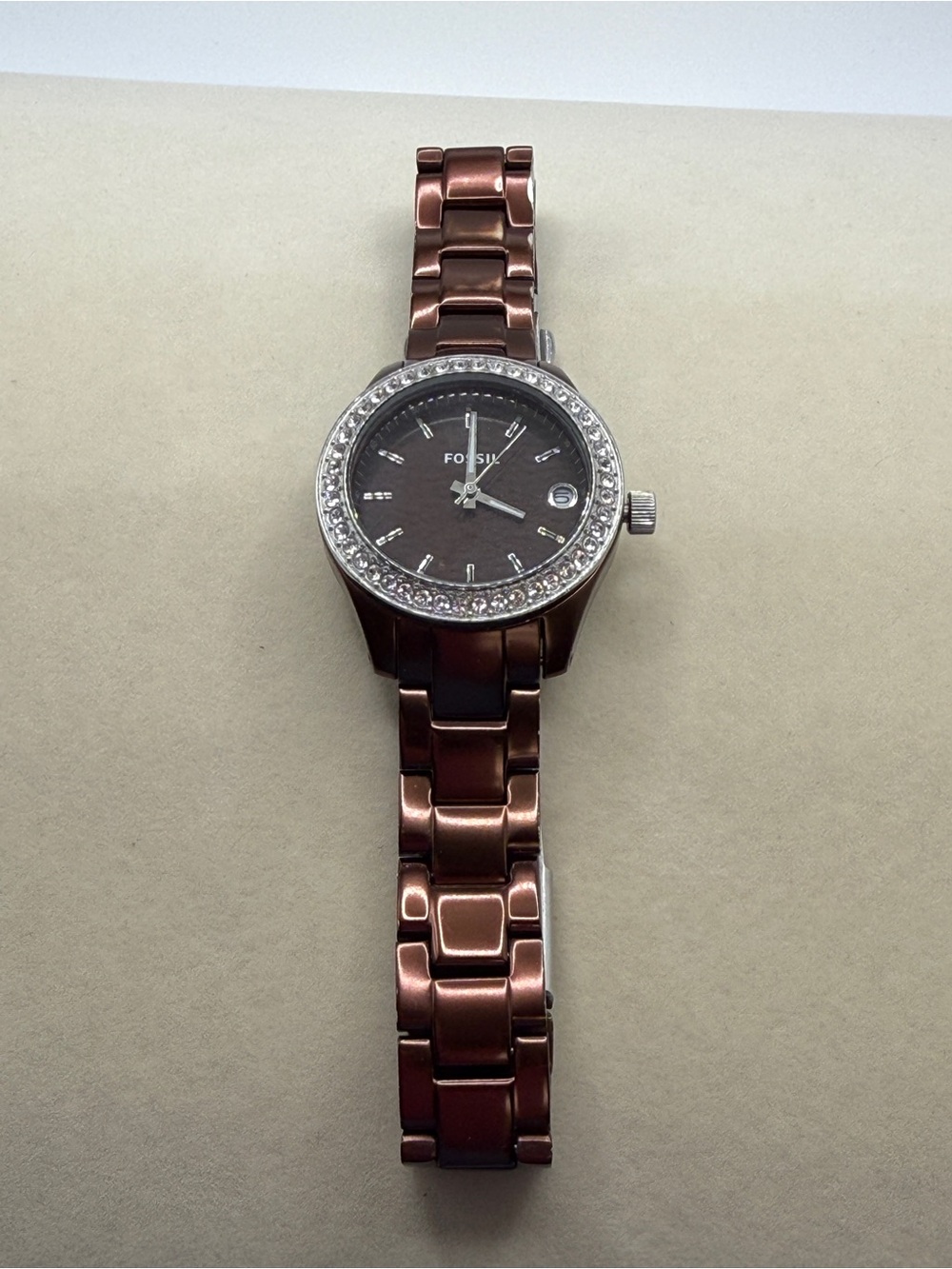 FOSSIL Stella Mini Women’s Chocolate Brown Crystal Quartz Watch New Battery